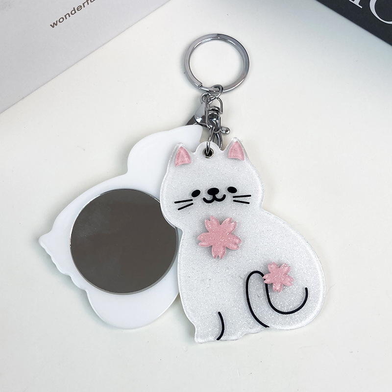 Macskás akril tükrös kulcstartó, kör alakú acetát medállal, kézzel készített, rajzfilm-stílusú, hátizsákhoz