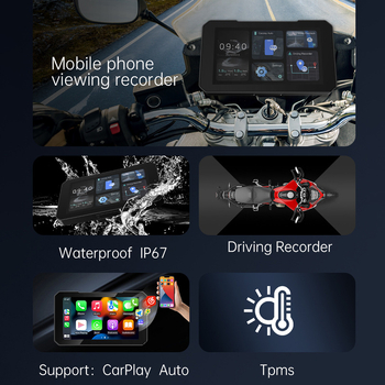 Vezeték nélküli motorkerékpár kijelző CarPlay és Android Auto támogatással, MT05, SD-kártya akár 64 GB-ig, 2 MP felbontás, 140° látómező, tápellátás 5V/1A