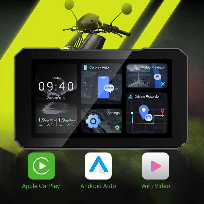 Vezeték nélküli motorkerékpár kijelző CarPlay és Android Auto támogatással, MT05, SD-kártya akár 64 GB-ig, 2 MP felbontás, 140° látómező, tápellátás 5V/1A