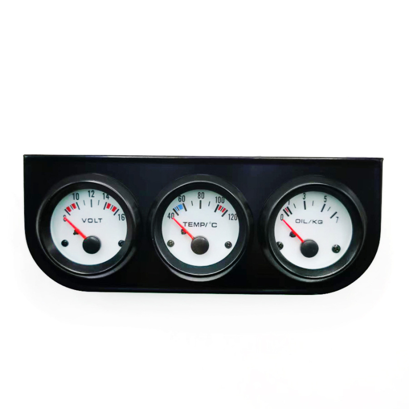 52 mm trodijelni mjerni skup za automobil: voltmetar, mjerač temperature vode, mjerač tlaka ulja, 12V crni okvir s bijelim brojčanikom