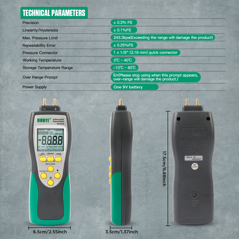 DY27A Manometru digital diferențial de presiune, pentru conducta de admisie aer și pompă de vid pentru frâne, interval de măsură ±39.99 kPa / ±103.42 kPa, Clasa de precizie 1, 0–40°C