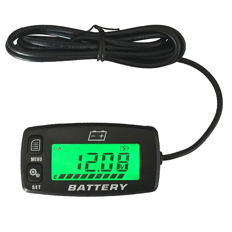 BI008 motorker voltmérő, 12-48V, univerzális több akkumulátorhoz, LCD zöld háttérvilágítással, mérési pontosság 0,01V, négyzetes ház