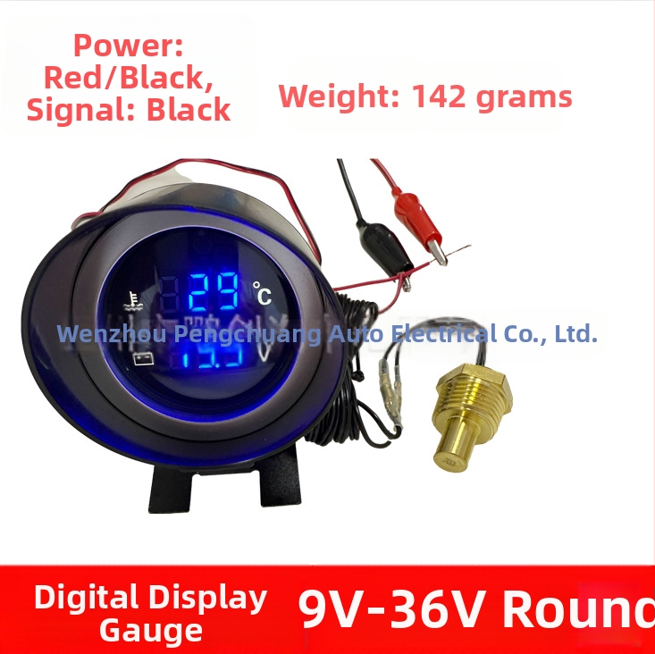 Dva v jednom merač teploty vody a napätia, pištoľový typ, okrúhly digitálny LCD displej, 9–36V, pre automobily