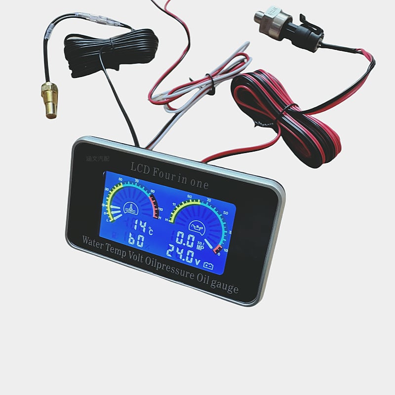 Univerzális LCD kijelző a vízhőmérséklethez, feszültséghez és olajszinthez, valamint az olaj mennyiségéhez autók, teherautók, mezőgazdasági járművek és kotrók számára — 12V/24V, műanyag, méretek 96×55×2 mm