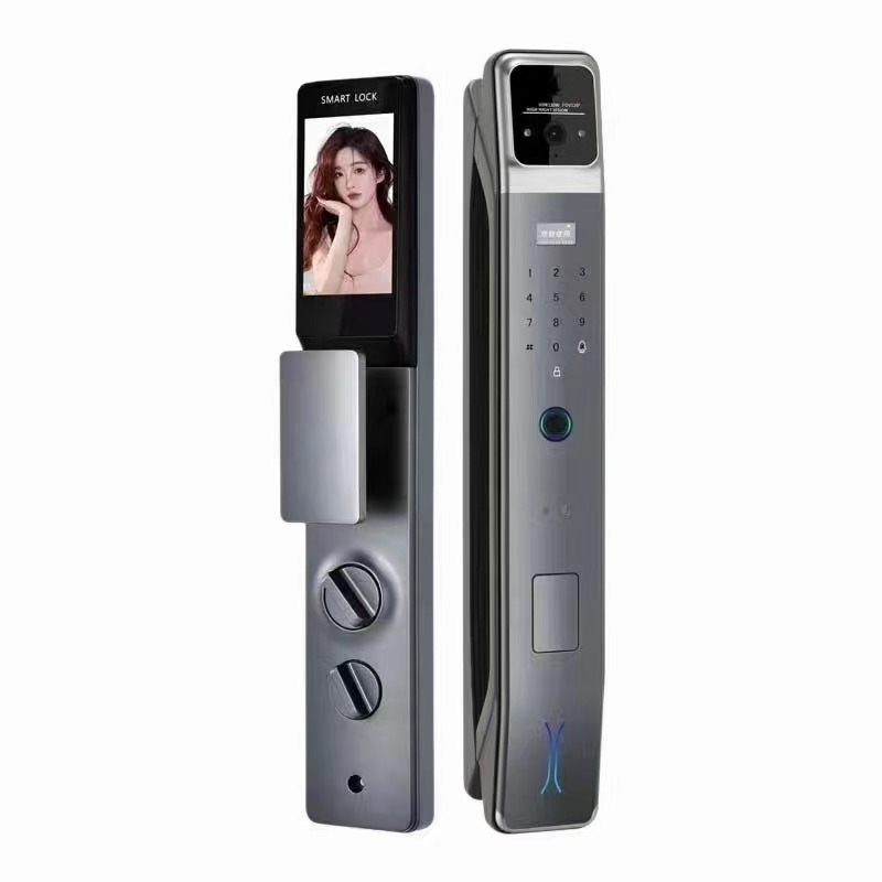 Okos elektromos ajtózár arcfelismeréssel és ujjlenyomattal, jelszóval és videóinterkommal – kültéri vízálló kivitel; 100 ujjlenyomat tárolás; akár 100000 nyitás; szkennelési idő <0,01 s; AC tápegység