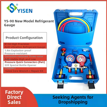 Set de manometre pentru climatizarea auto cu vid pentru R134a — precizie 1,5 clase, conexiune filetată, game: joasă -0,21 la 2,4; înaltă -0,21 la 3,45; model YS-90 corp din aluminiu