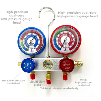 Set de manometre pentru climatizarea auto cu vid pentru R134a — precizie 1,5 clase, conexiune filetată, game: joasă -0,21 la 2,4; înaltă -0,21 la 3,45; model YS-90 corp din aluminiu