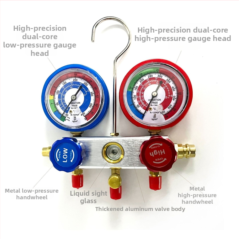 Set de manometre pentru climatizarea auto cu vid pentru R134a — precizie 1,5 clase, conexiune filetată, game: joasă -0,21 la 2,4; înaltă -0,21 la 3,45; model YS-90 corp din aluminiu