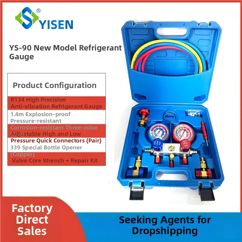 Set de manometre pentru climatizarea auto cu vid pentru R134a — precizie 1,5 clase, conexiune filetată, game: joasă -0,21 la 2,4; înaltă -0,21 la 3,45; model YS-90 corp din aluminiu