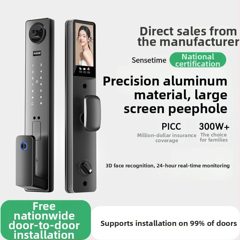 3D arcfelismeréssel működő intelligens ajtózár, tenyérvén biometria, 40 ujjlenyomat tárolás, jelszavas nyitás, interkom