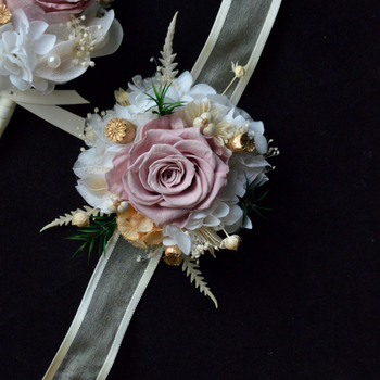 Set butoniere de nuntă și corsaj la încheietură — flori conservate, oțel inoxidabil, cutie cadou