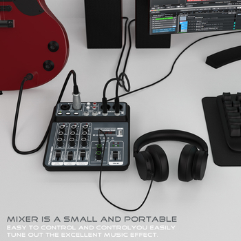 Phonomones τετρακάναλος USB μίκτης ήχου για καταγραφή και ζωντανή μετάδοση — συμπαγής για οικιακό καραόκε, συναντήσεις και σκηνή; βάρος 0.55 kg; Τροφοδοσία 5V; Περιλαμβάνει USB-C καλώδιο και οδηγίες