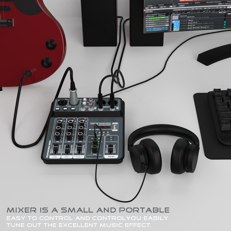 Phonomones τετρακάναλος USB μίκτης ήχου για καταγραφή και ζωντανή μετάδοση — συμπαγής για οικιακό καραόκε, συναντήσεις και σκηνή; βάρος 0.55 kg; Τροφοδοσία 5V; Περιλαμβάνει USB-C καλώδιο και οδηγίες