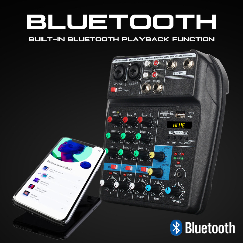 Μίκσερ 4 καναλιών με κάρτα ήχου и τροφοδοτικό για καραόκε και ζωντανές παραστάσεις, ενσωματωμένος επεξεργαστής ρεβέρμπ