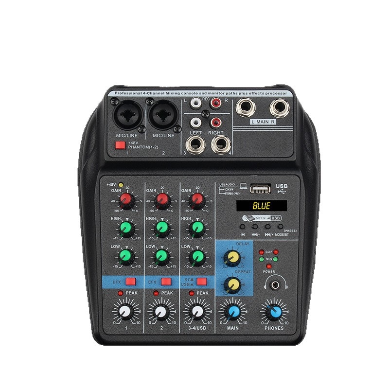 Μίκσερ 4 καναλιών με κάρτα ήχου и τροφοδοτικό για καραόκε και ζωντανές παραστάσεις, ενσωματωμένος επεξεργαστής ρεβέρμπ