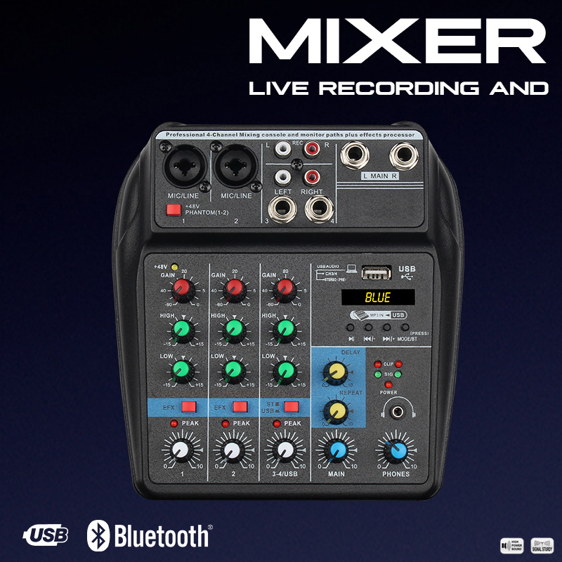 Μίκσερ 4 καναλιών με κάρτα ήχου и τροφοδοτικό για καραόκε και ζωντανές παραστάσεις, ενσωματωμένος επεξεργαστής ρεβέρμπ