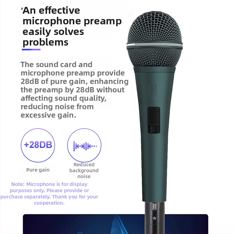 Prenosný predzosilňovač pre dynamický mikrofón (48V napájanie, vstavaná zvuková karta, tlmenie šumu)