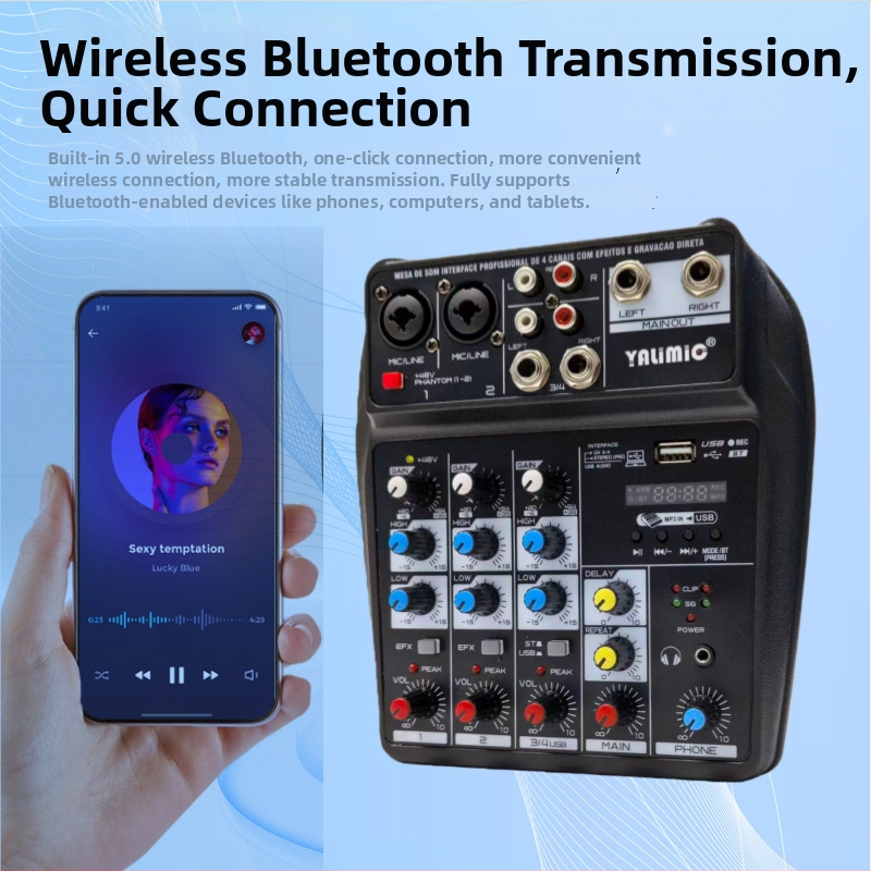Yalimic 4-kanálový USB Bluetooth zvukový mixér pre počítačové nahrávanie a živé vysielanie