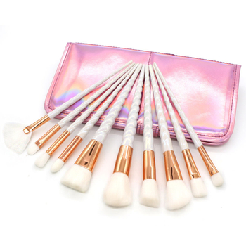 Set de 10 pensule de machiaj cu motiv unicorn, peri din fibre sintetice, husă PU, mâner din plastic, portabil