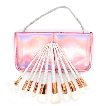 Set de 10 pensule de machiaj cu motiv unicorn, peri din fibre sintetice, husă PU, mâner din plastic, portabil