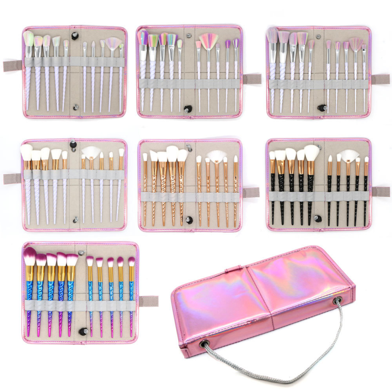 Set de 10 pensule de machiaj cu motiv unicorn, peri din fibre sintetice, husă PU, mâner din plastic, portabil