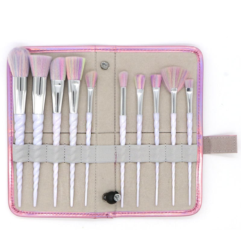 Set de 10 pensule de machiaj cu motiv unicorn, peri din fibre sintetice, husă PU, mâner din plastic, portabil