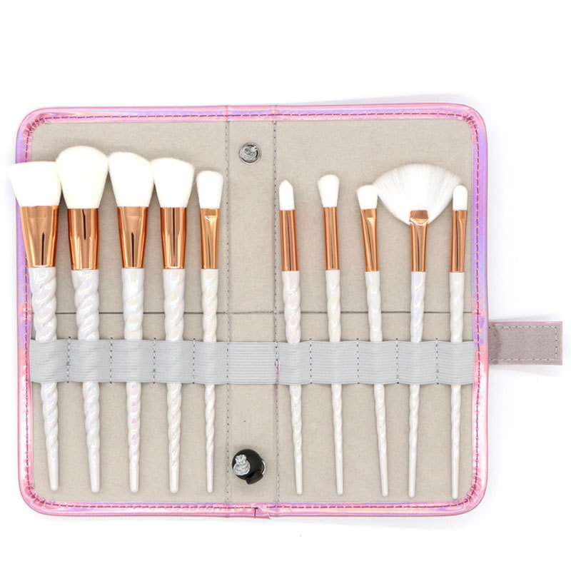 Set de 10 pensule de machiaj cu motiv unicorn, peri din fibre sintetice, husă PU, mâner din plastic, portabil