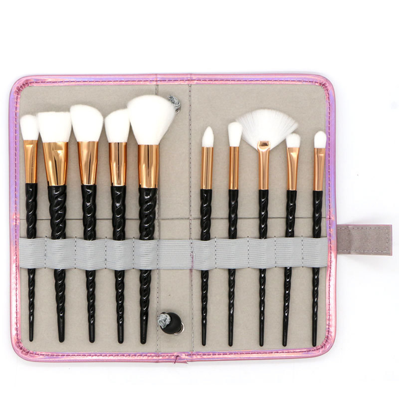 Set de 10 pensule de machiaj cu motiv unicorn, peri din fibre sintetice, husă PU, mâner din plastic, portabil