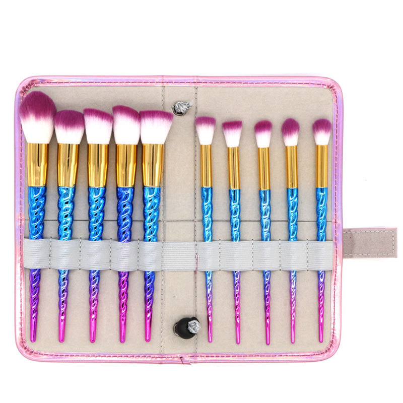Set de 10 pensule de machiaj cu motiv unicorn, peri din fibre sintetice, husă PU, mâner din plastic, portabil