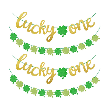 Szent Patrik-napi parti zászlógirland négylevelű lóhere csillogó díszítéssel; anyag: papír; anyagtípus: szalag; helyszíni dekoráció