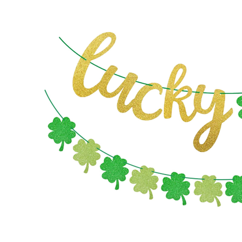 Szent Patrik-napi parti zászlógirland négylevelű lóhere csillogó díszítéssel; anyag: papír; anyagtípus: szalag; helyszíni dekoráció