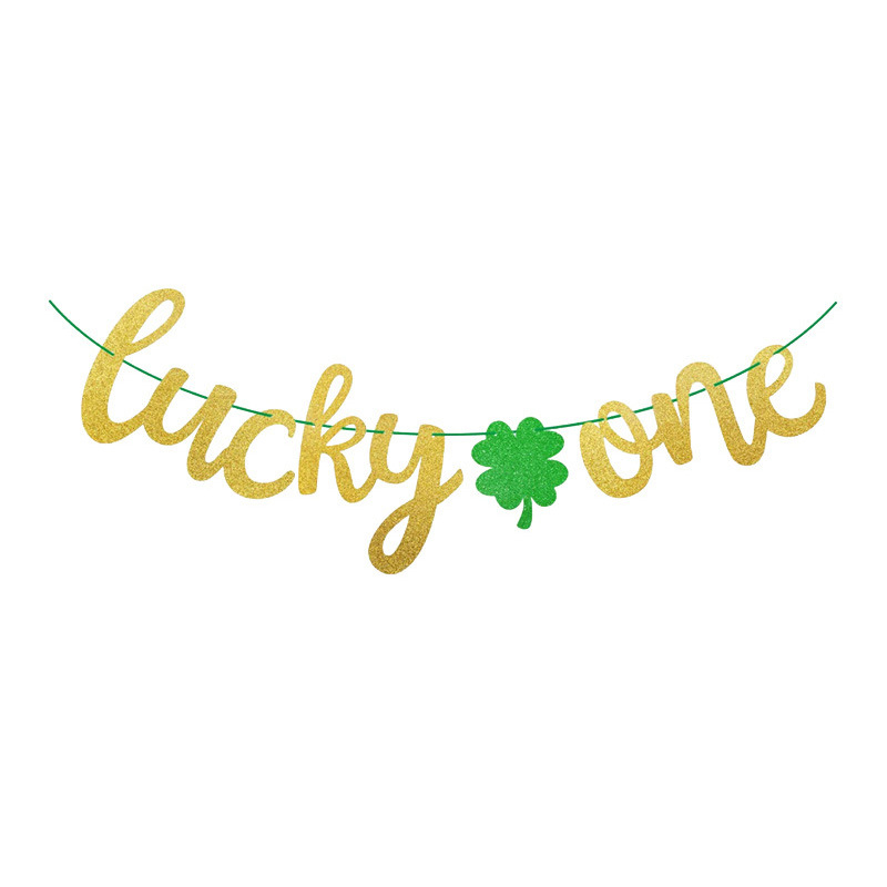 Szent Patrik-napi parti zászlógirland négylevelű lóhere csillogó díszítéssel; anyag: papír; anyagtípus: szalag; helyszíni dekoráció