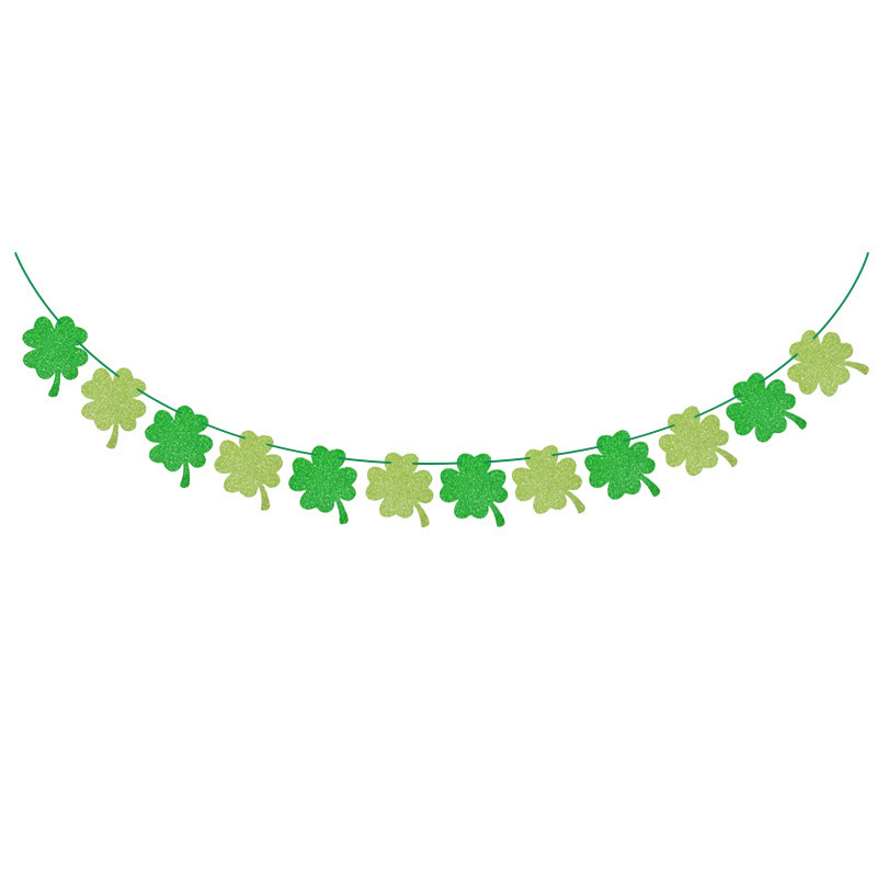 Szent Patrik-napi parti zászlógirland négylevelű lóhere csillogó díszítéssel; anyag: papír; anyagtípus: szalag; helyszíni dekoráció
