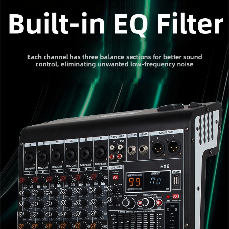 Profesionálny 8-kanálový mixážny pult s reverbom, 7-pásmový EQ, USB a Bluetooth pre pódium