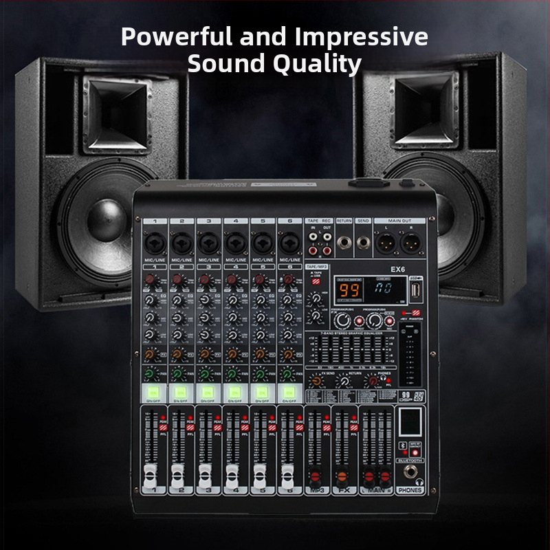 Profesionálny 8-kanálový mixážny pult s reverbom, 7-pásmový EQ, USB a Bluetooth pre pódium