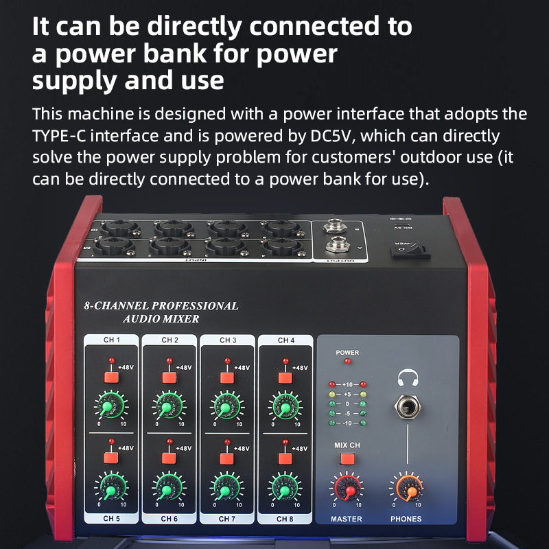 Mixer audio cu 8 canale, alimentare încorporată de 48V, pentru chitară, tobe și instrumente, monitorizare cu căști și înregistrare pe computer