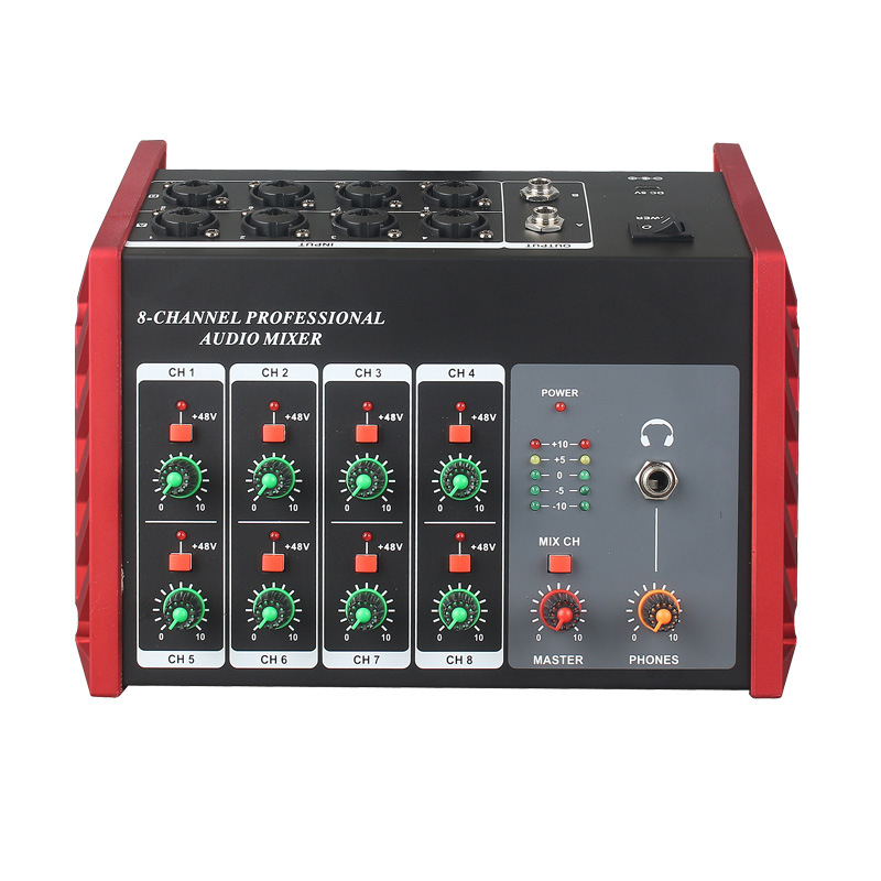 Mixer audio cu 8 canale, alimentare încorporată de 48V, pentru chitară, tobe și instrumente, monitorizare cu căști și înregistrare pe computer