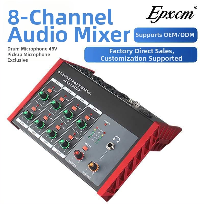 8-kanálový audio mixér s integrovaným 48V napájaním pre gitaru, bicie a ďalšie nástroje, monitorovanie cez slúchadlá a nahrávanie na počítač
