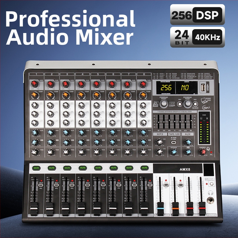 Profesionálny 8-kanálový mixér s reverbom a EQ, USB a Bluetooth, pre pódium a KTV, 7-pásmový ekvalizér