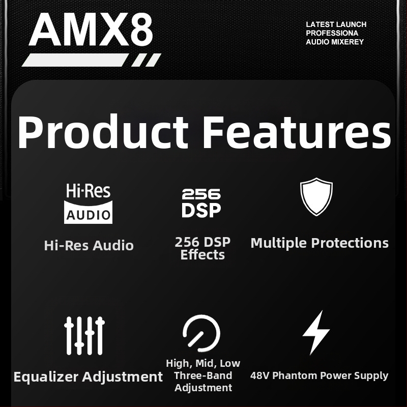 Profesionálny 8-kanálový mixér s reverbom a EQ, USB a Bluetooth, pre pódium a KTV, 7-pásmový ekvalizér