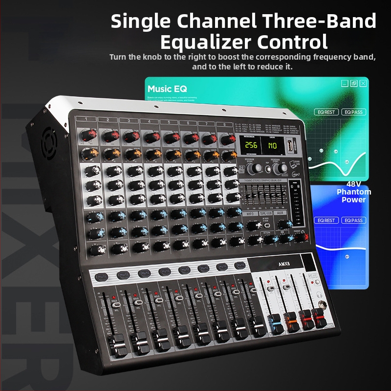 Profesionálny 8-kanálový mixér s reverbom a EQ, USB a Bluetooth, pre pódium a KTV, 7-pásmový ekvalizér