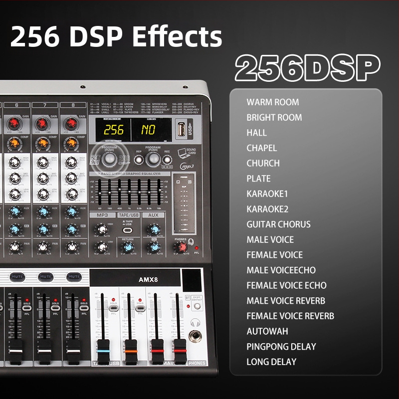 Profesionálny 8-kanálový mixér s reverbom a EQ, USB a Bluetooth, pre pódium a KTV, 7-pásmový ekvalizér