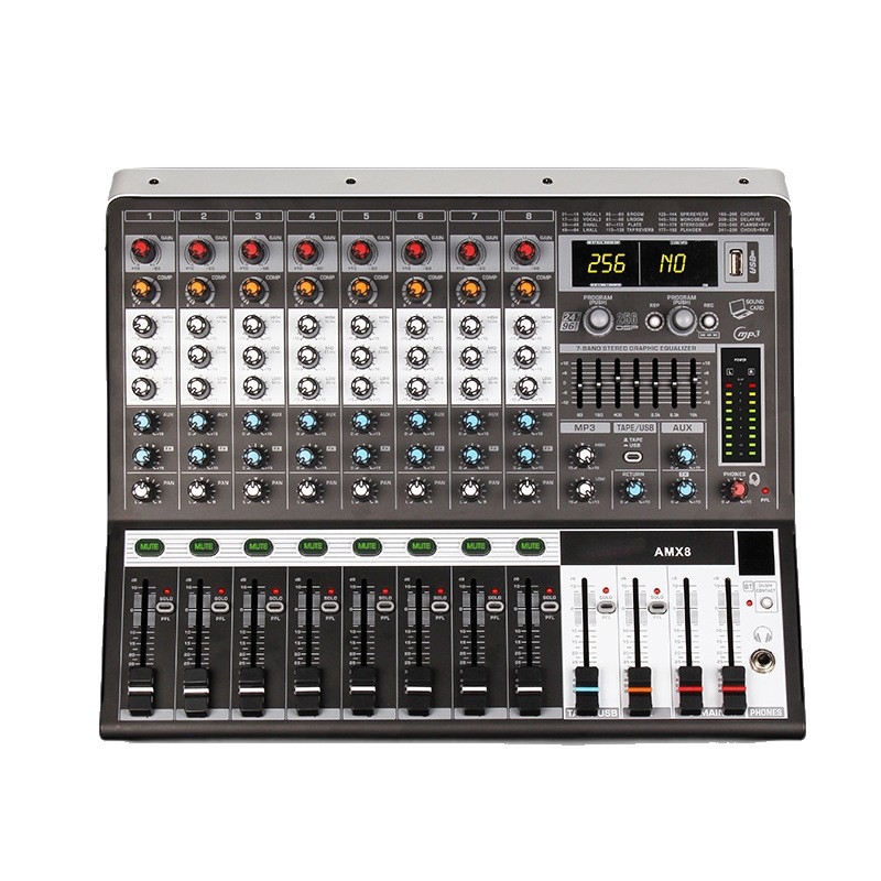 Mixer de 8 canale cu reverb și egalizator, USB și Bluetooth, afișaj cu 7 segmente