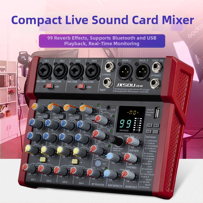 4-kanálový karaoke mixér s integrovaným Bluetooth a efektom reverbu, JXSOU UM33 pre domáce nahrávanie a živé vysielanie