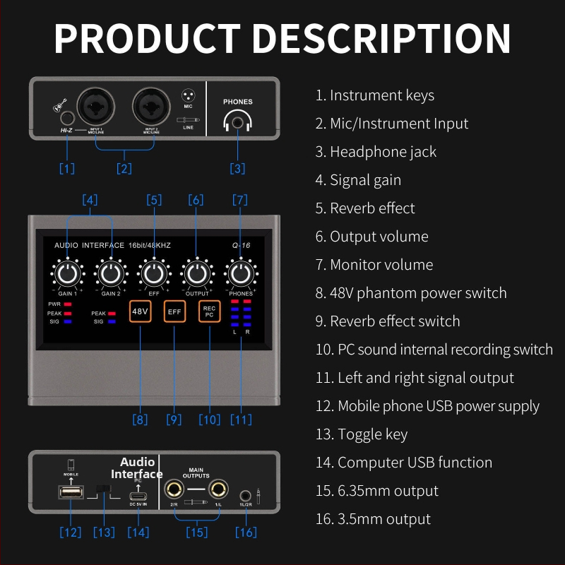 Q16 USB zvuková karta pre domáce použitie so duálnym kanálom a externou inštaláciou