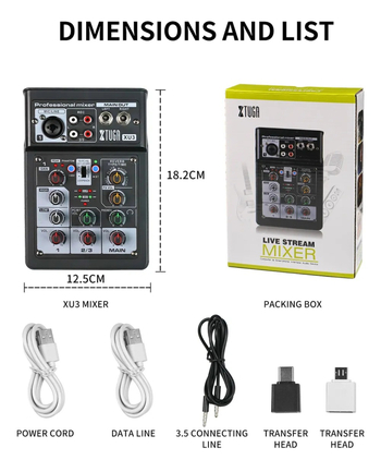 XTUGA XU3 mixer de 3 canale cu reverb, redare Bluetooth, interfață XLR și EQ