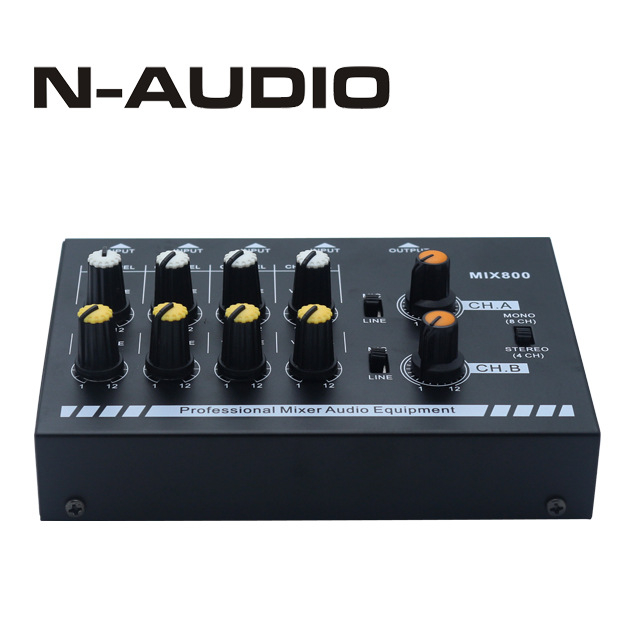 N-AUDIO MIX800 8-csatornás mini keverő, mono/stereo bemenet és kimenet, 9 V tápegység, szoftver nélkül