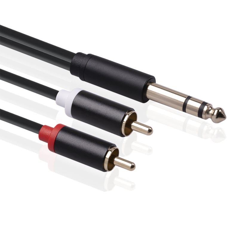 Audio kabel 6,35 mm na 2RCA, aluminijsko kućište, bakreni vodiči, zlatni konektori, 3-žilni stereo kabel