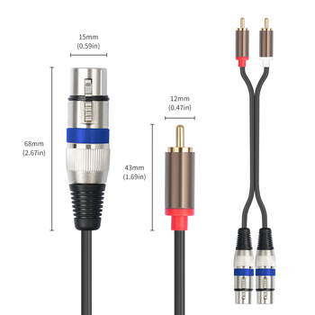 Audio kabel 2x RCA na 2x XLR samički, kućište od metala pozlaćeno, bakrena žica tinom pocinčana, težina 160 g