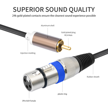 Audio kabel 2x RCA na 2x XLR samički, kućište od metala pozlaćeno, bakrena žica tinom pocinčana, težina 160 g
